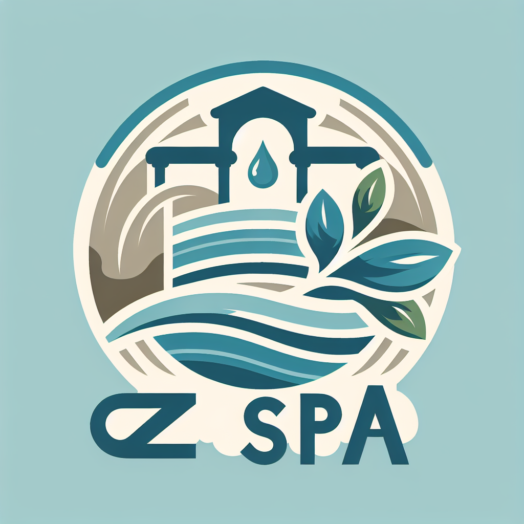 Logo pro web „CZ Spa“ zaměřený na lázně a wellness v České republice. Styl klidný, přírodní a elegantní. Prvky: kapka vody, list, silueta lázeňské kolonády, vlny nebo symbol harmonie. Barvy: modrá, tyrkysová, zelená, béžová. Font: moderní s jemnými křivkami, působící relaxačně.